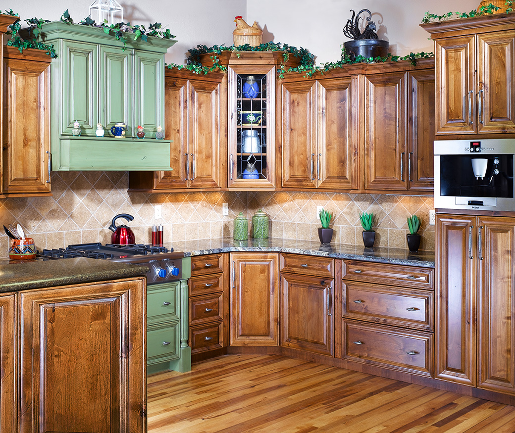 kitchen hardwood cabinets with sage green accents - Alpine Cabinet